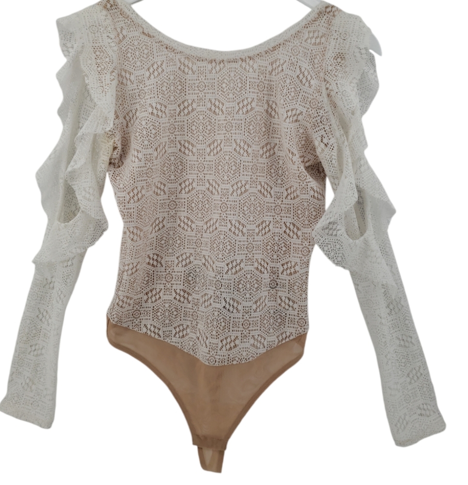 BCBG MaxAzria NWT Backless Bodysuit Small Off White Sheer Sleeves Retail $88